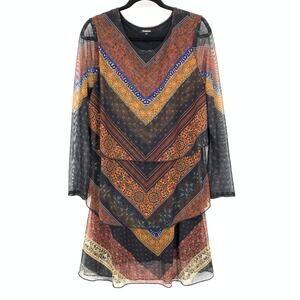 Desigual Ocrida Multilayer V-Neck Long Sleeve Mesh Dress Womens Sz XL Multicolor